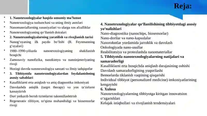 Nanotexnologiyalar haqida umumiy ma’lumot berish, yaratilish va rivojlanish tarixini yoritish. Bugungi kun tibbiyotining turli soxalarida nanotexnologiyalardan foydalanishning asosiy sabablari hamda uning natijalari 2