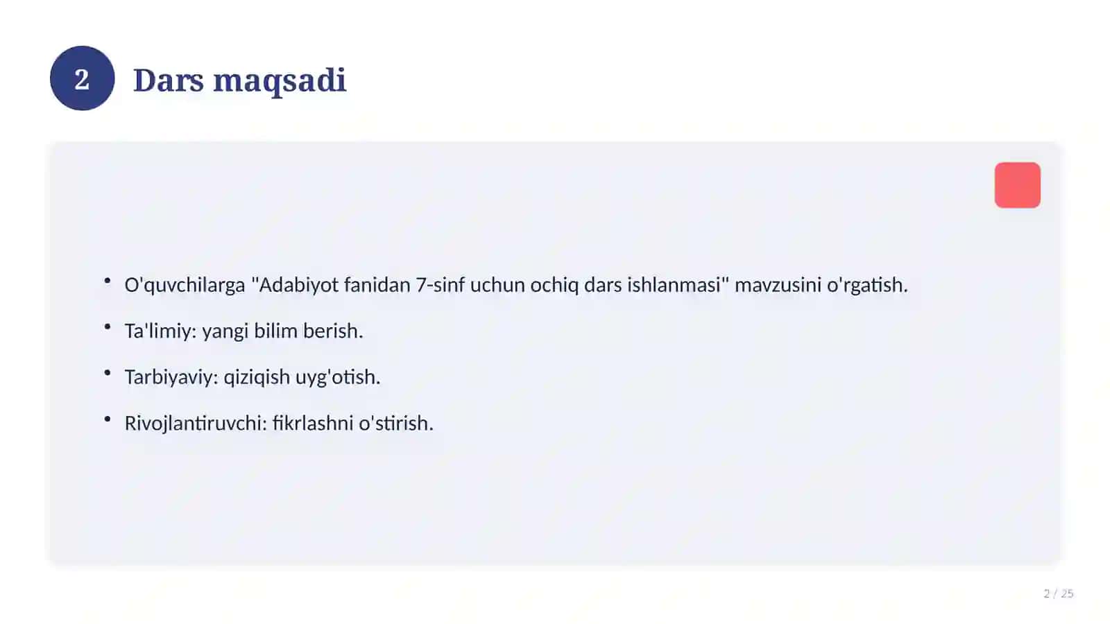 Adabiyot fanidan 7-sinf uchun ochiq dars ishlanmasi 2
