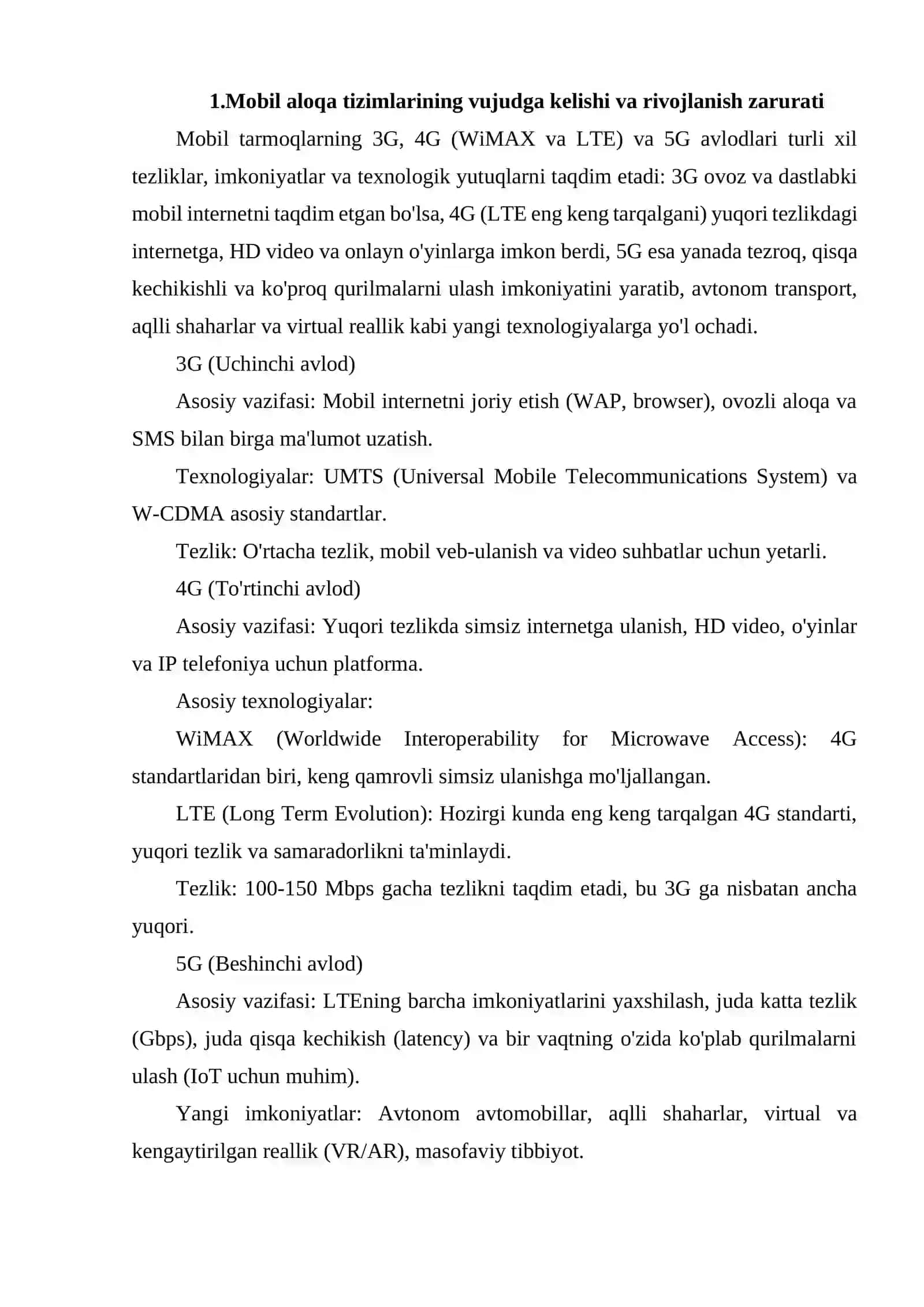 Mobil Tarmoqlar: 3G, 4G (WiMAX va LTE) va 5G Texnologiyalari 2