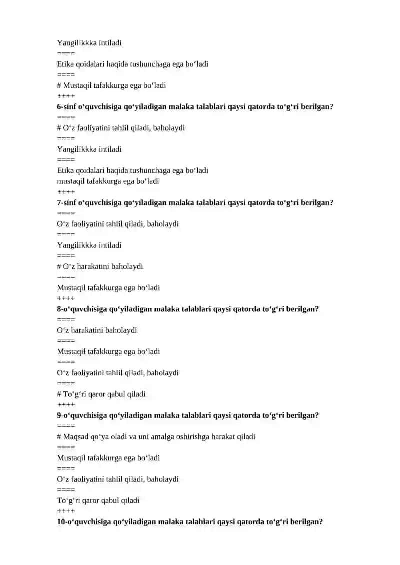 Tarbiya fanini o‘qitish metodikasi fanidan test 2