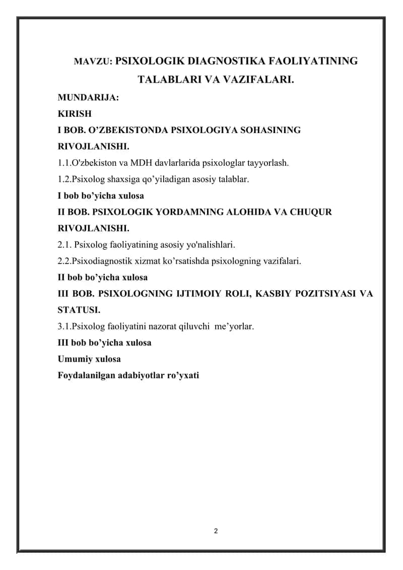 PSIXOLOGIK DIAGNOSTIKA FAOLIYATINING TALABLARI VA VAZIFALARI mavzusida tayyor kurs ishi 2