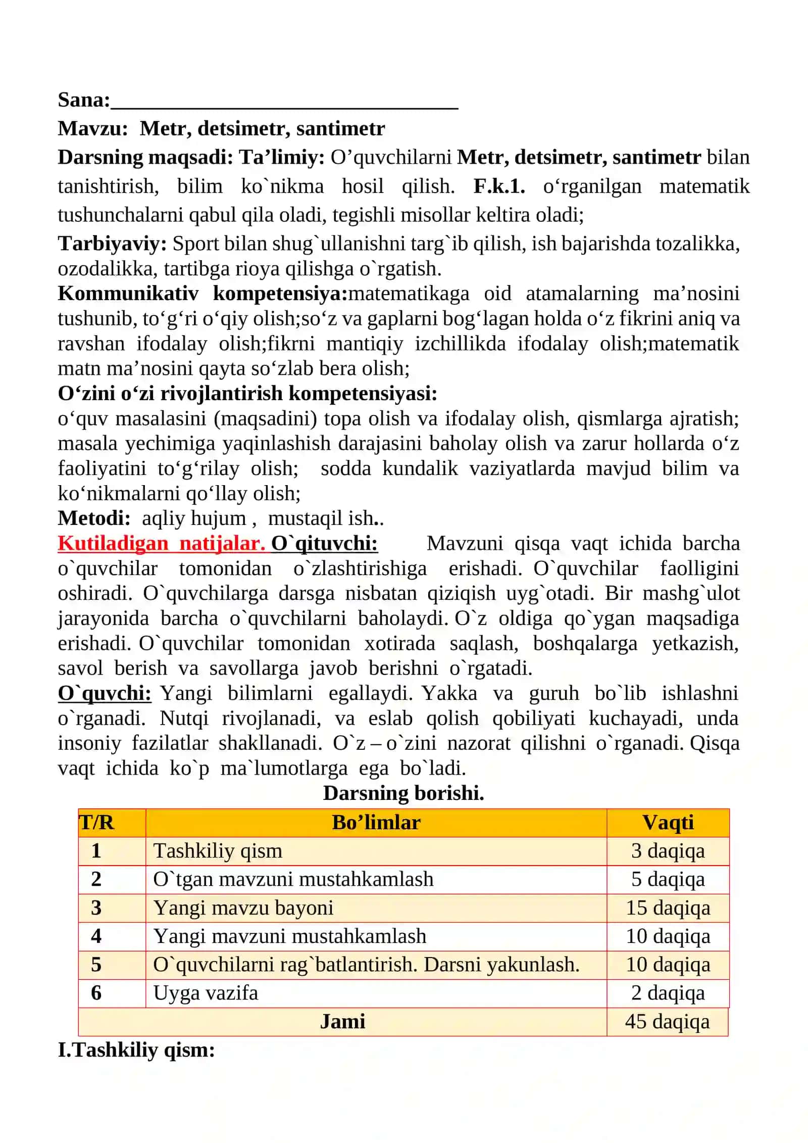 Metr, detsimetr, santimetr mavzusida 2-sinf matematika fanidan dars ishlanmasi 2