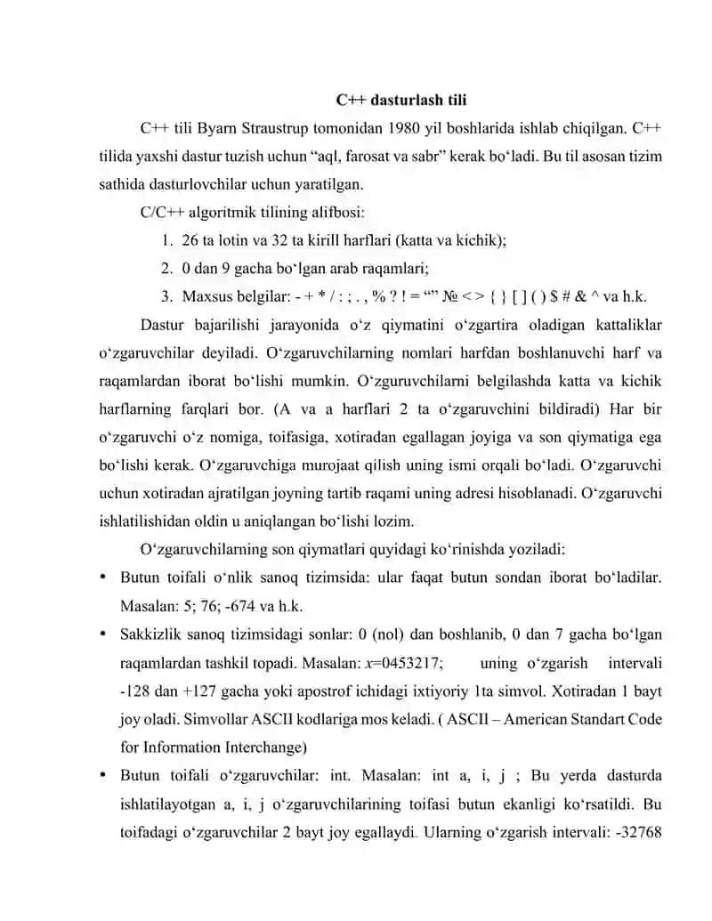 C++ TILI SINTAKSISI VA UNING LEKSIK ASOSI.DASTURLASH TILLARI. C++ TILIDAGI SODDA PROGRAMMA. C++ TILIDA IZOHLAR. C++ TILI ALIFBOSI VA LEKSEMALARI 2