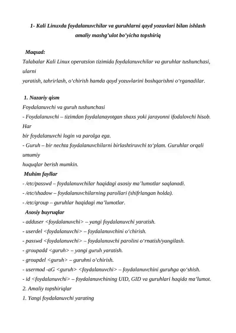 Kali Linuxda foydalanuvchilar va guruhlarni qayd yozuvlari bilan ishlash 2