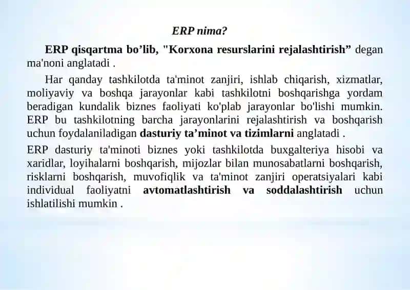 ERPning imkoniyatlari 2