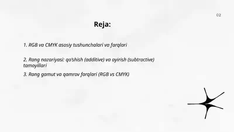 RGB va CMYK rang modellari ishlash prinsiplari va qoʻllanilishi 2