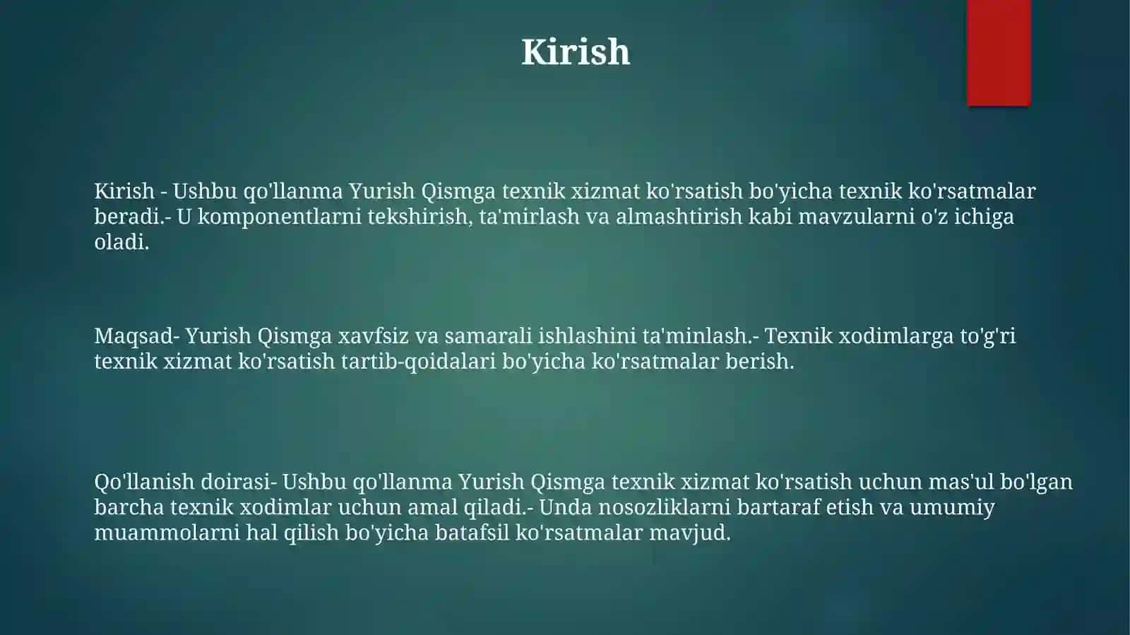 Yurish Qismga TexnikXizmatKo'Rsatish 2