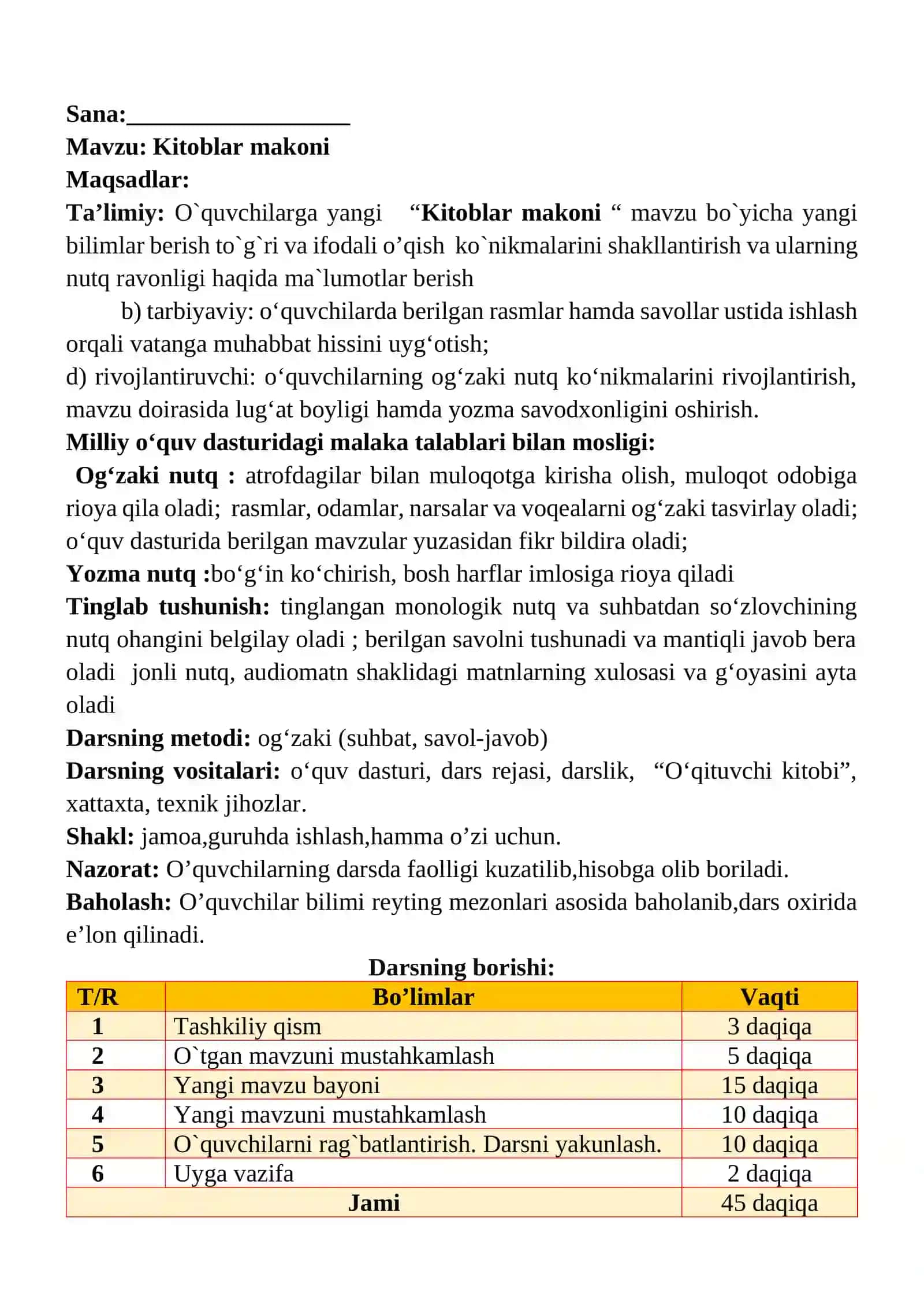 Kitoblar makoni 1-sinf o'qish savodxonligi dars ishlanmasi 2