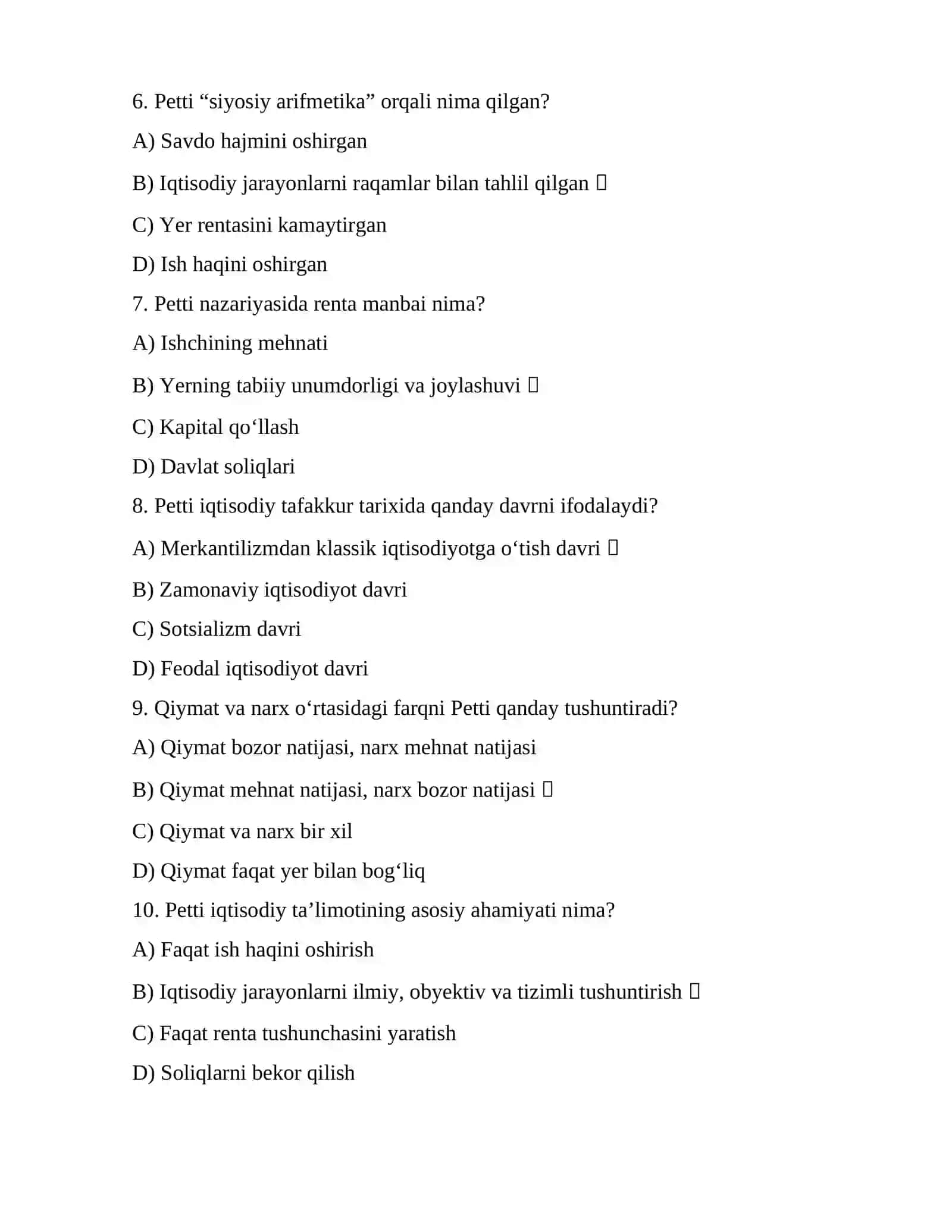 Petti iqtisodiy ta’lim testlar 2