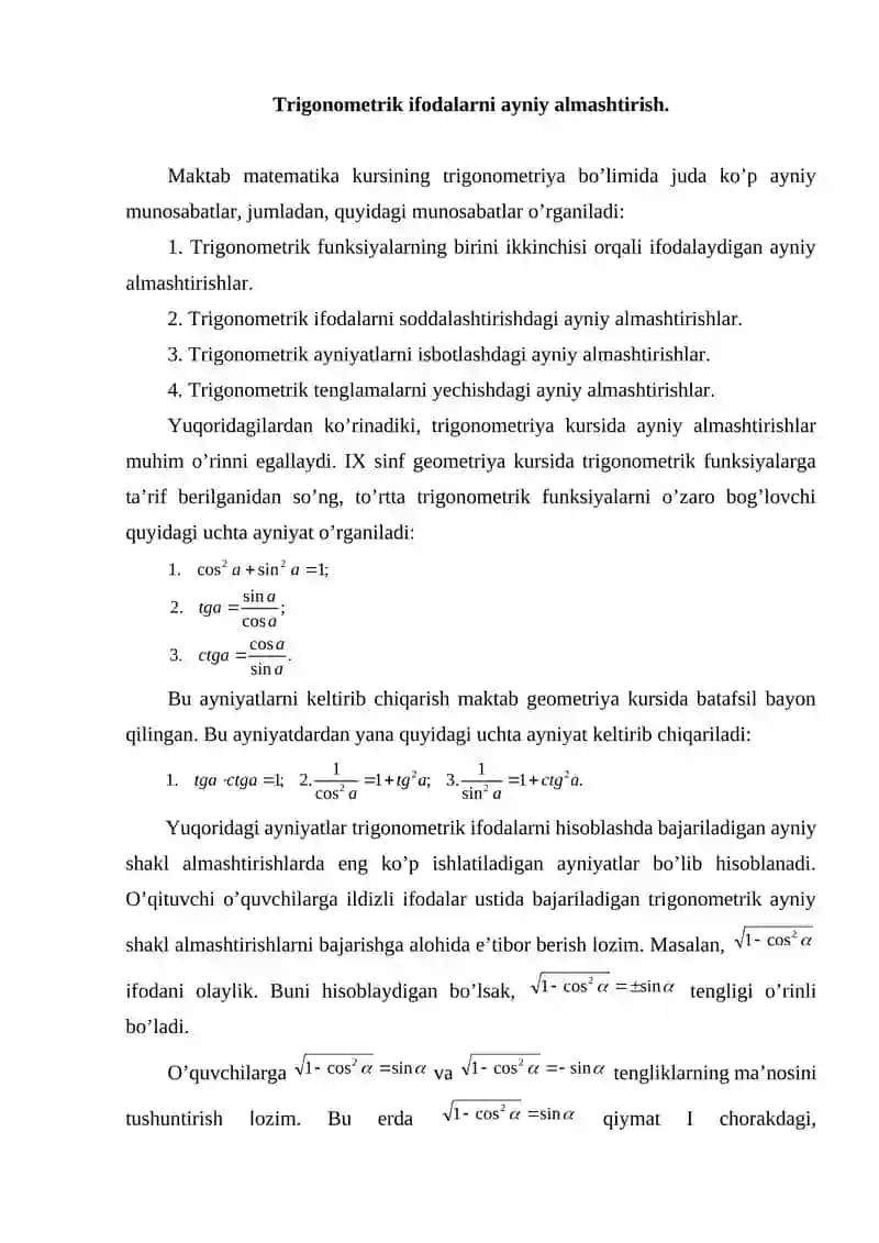 Trigonometrik ifodalarni ayniy almashtirish 2