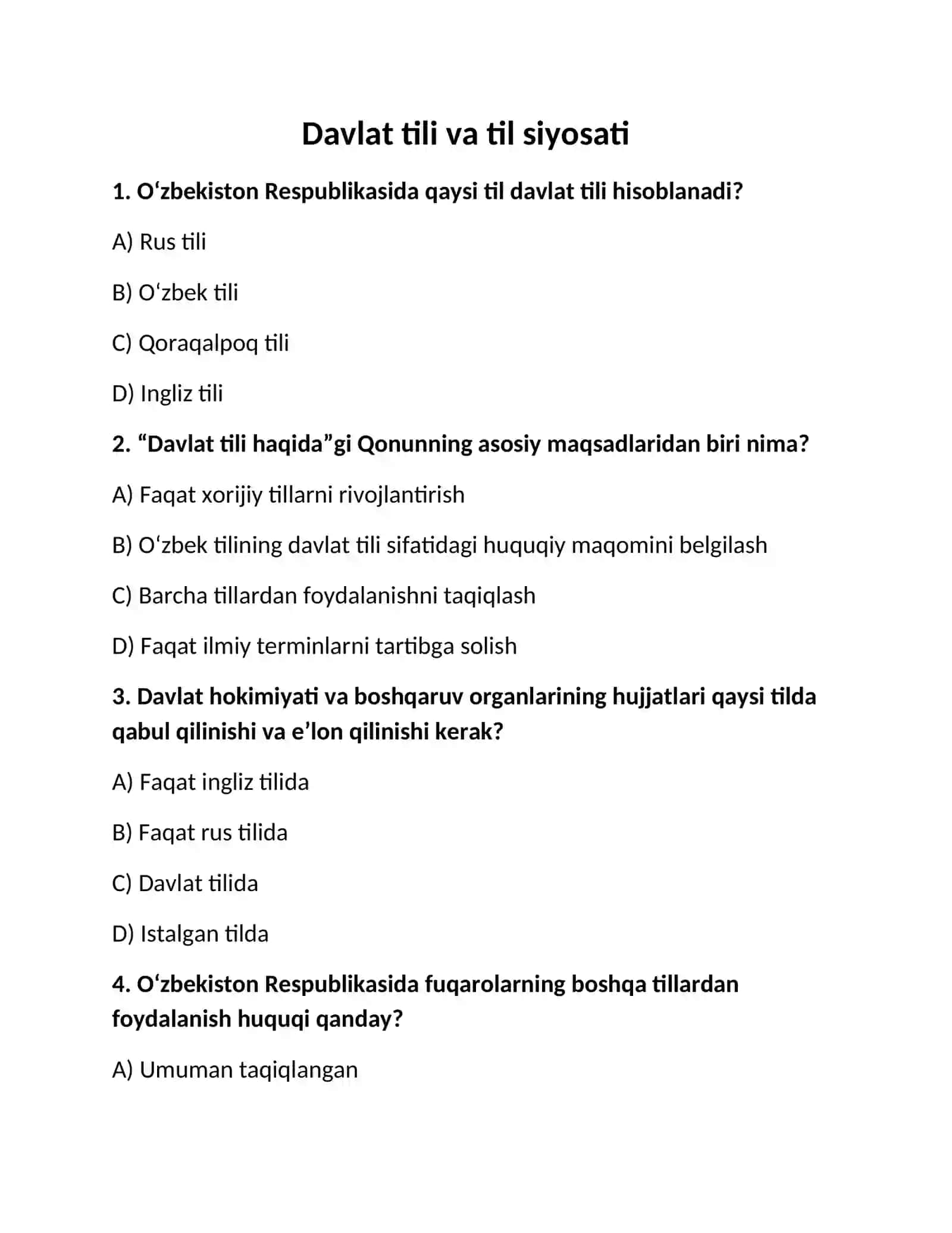 Davlat tili bo‘yicha 250 ta test savollari va javoblari | O‘zbek tili | Ishga kirish testlariga tayy 2