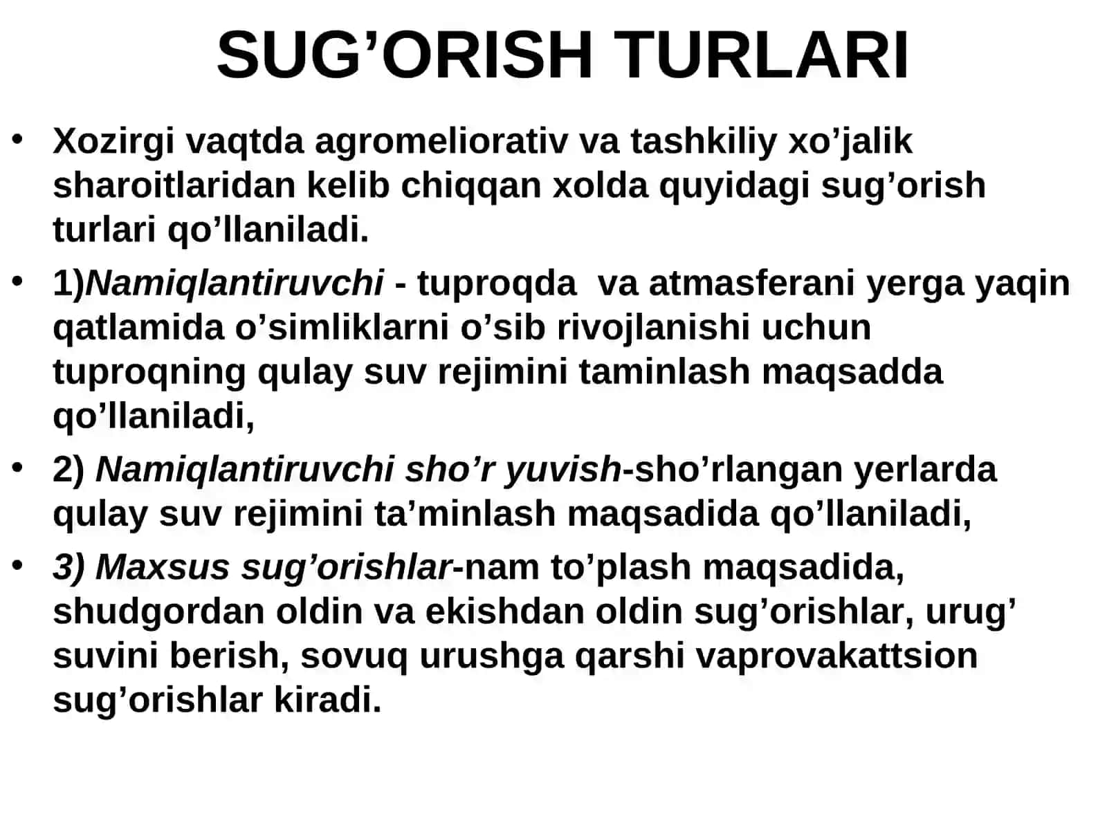 Sug’orish turlari va nomavsumiy davrda sug’orish 2