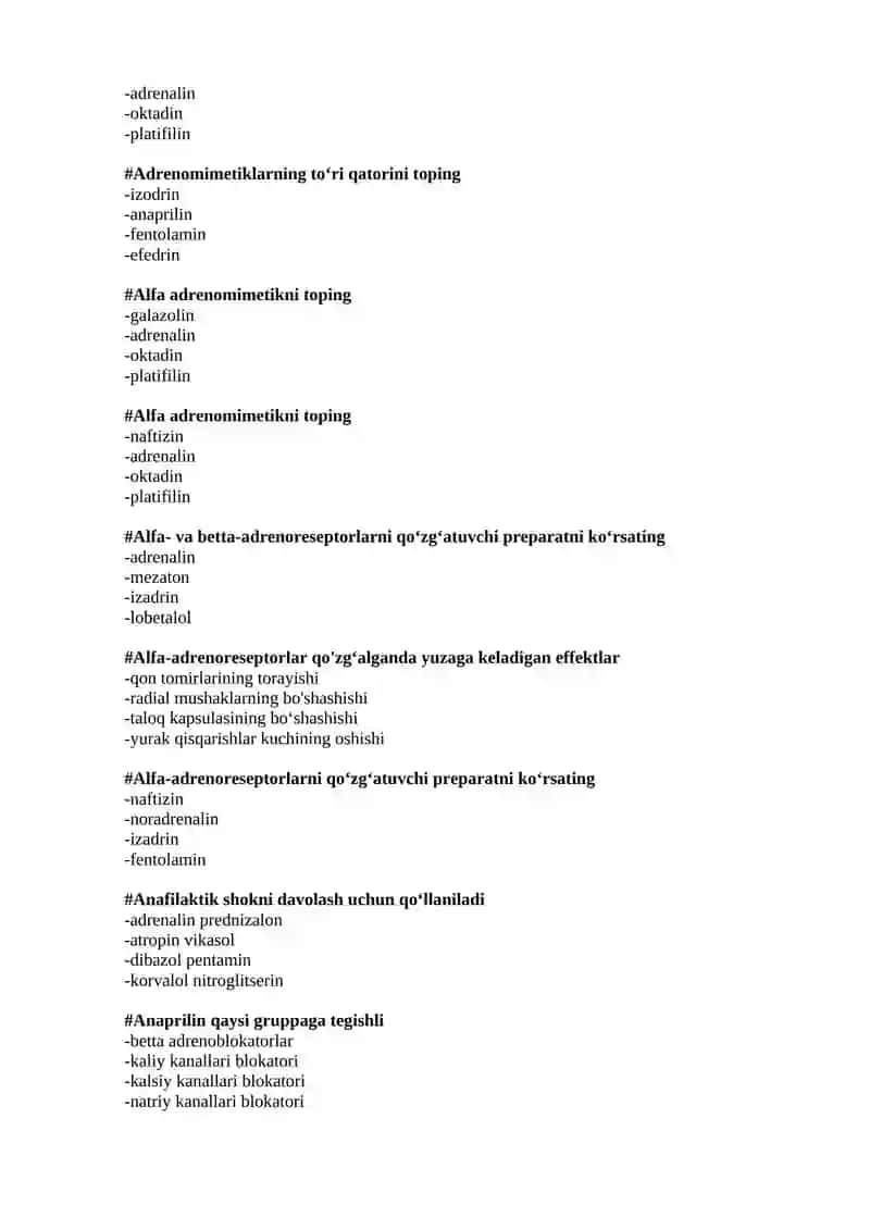 Adrenomimetiklar. Adrenoblokatorlar. test 2
