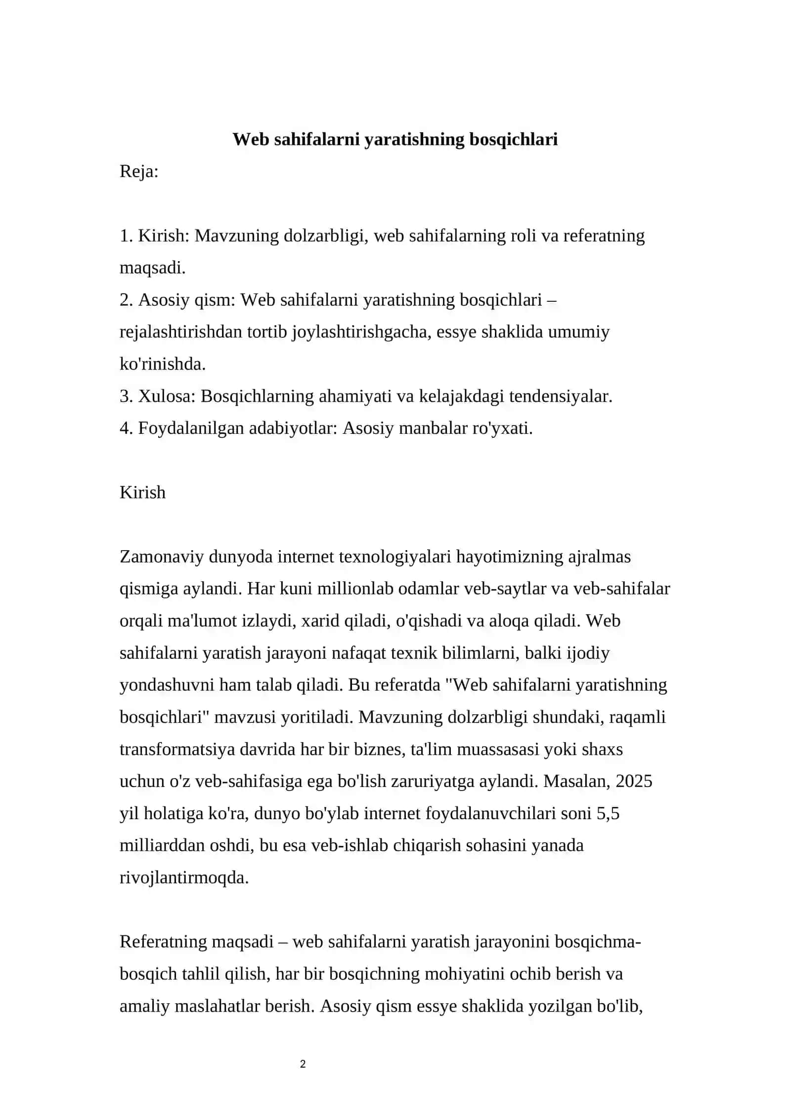 Web sahifalarni yaratishning bosqichlari REFERAT 2