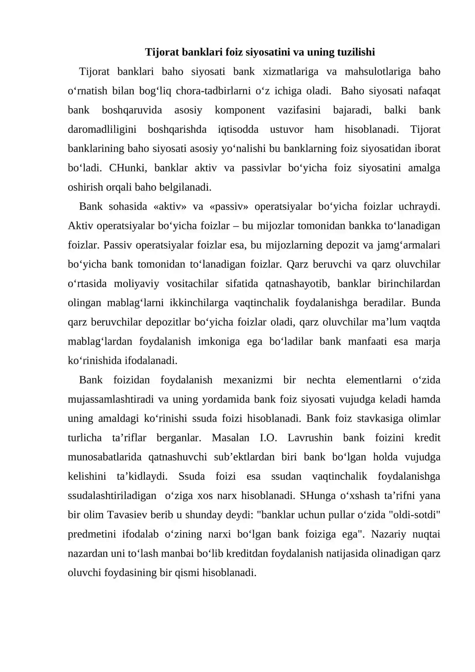 Tijorat banklarining passiv va aktivlari bo’yicha foiz siyosati 2