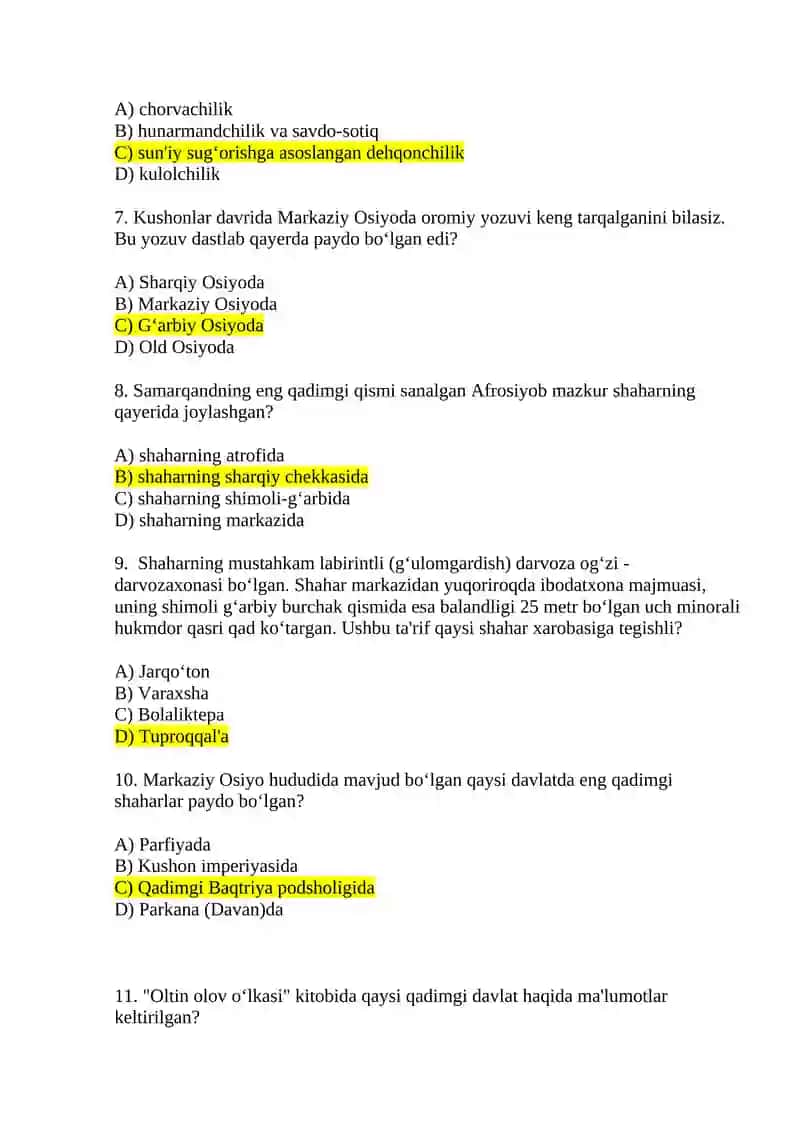 MARKAZIY OSIYO – JAHON SIVILIZATSIYASINING AJRALMAS QISMI Test savollari 2