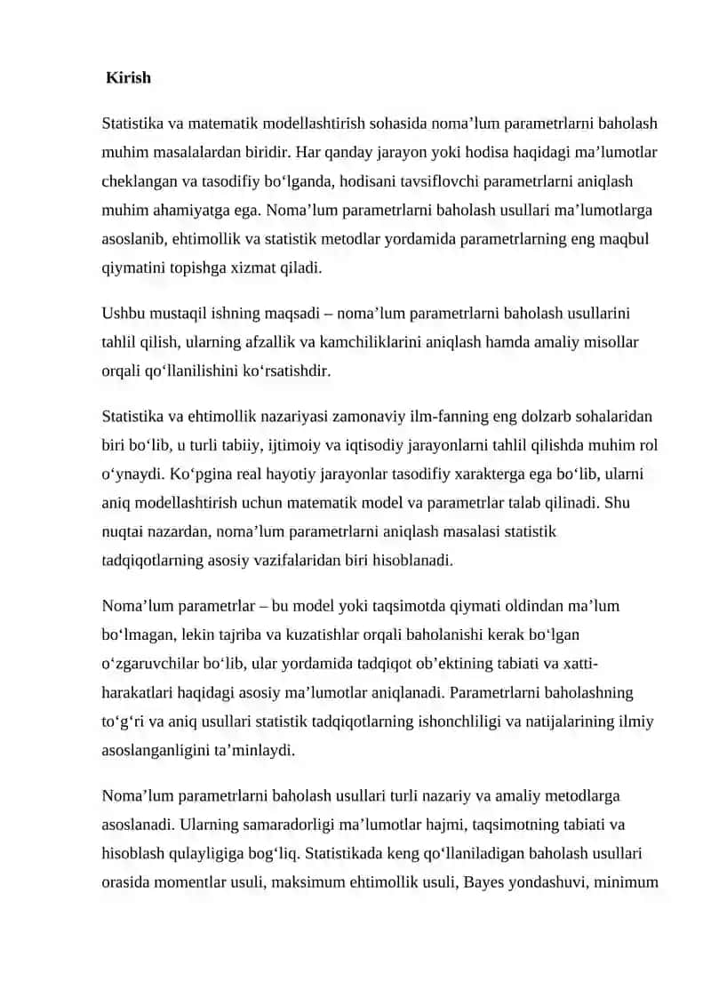Noma’lum Parametrlarni Baholash Usullari 2