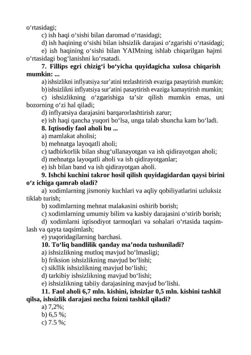 YALPI ISHCHI KUCHI, UNING BANDLIGI VA ISHSIZLIK 2