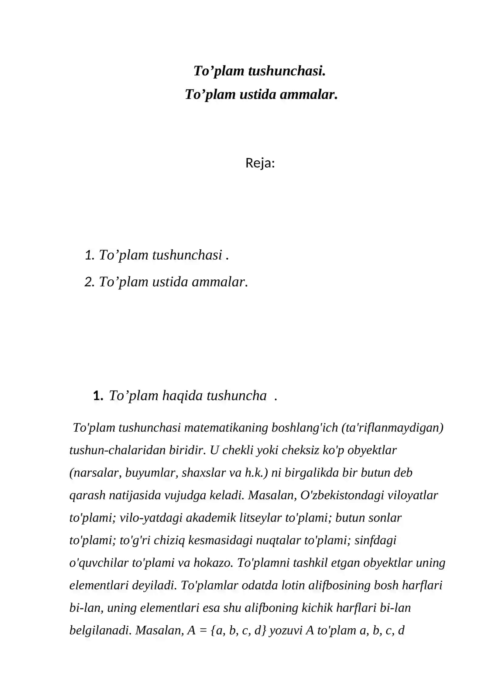 Matematika analizi - To'plam tushunchasi 2