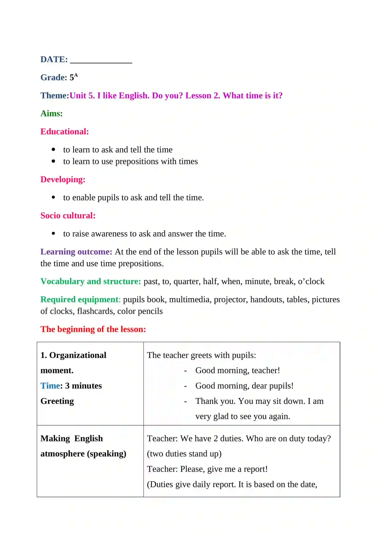 5-SINFDA UNIT 5 I like English. Do you? LESSON 2 WHAT TIME IS IT? MAVZUSIDAGI ILG’OR PEDOGOGIK TEXNOLOGIYA USULLARI SINGDIRILGAN DARS ISHLANMASI 2