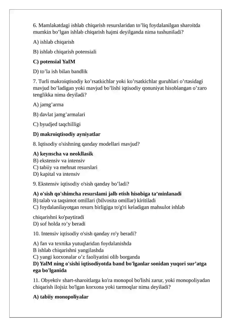 Makroiqtisodiyot fanidan testlar 2