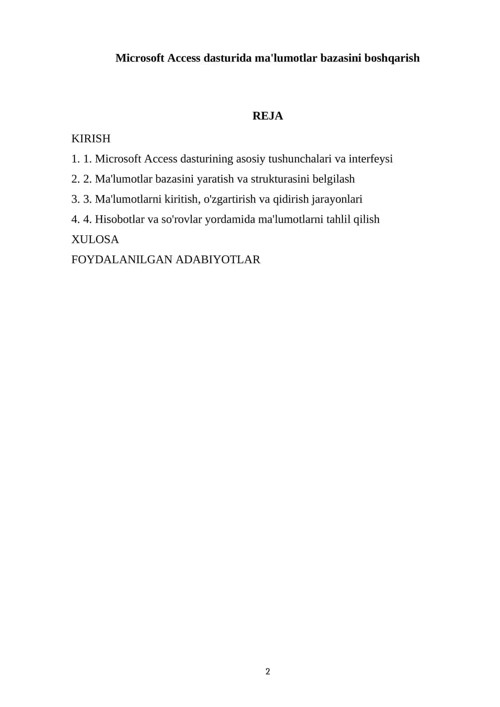 Mavzu: Microsoft Access dasturida ma'lumotlar bazasini boshqarish 2