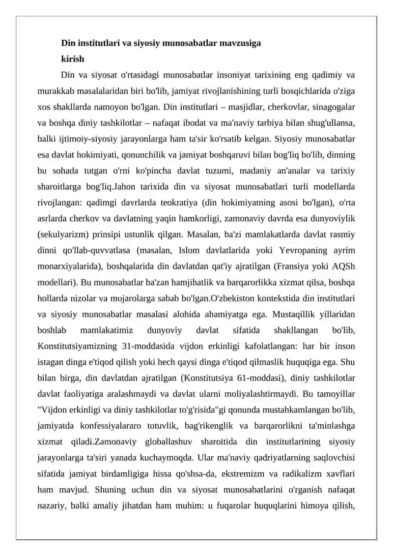 Din instituti va siyosiy munosabatlar 2