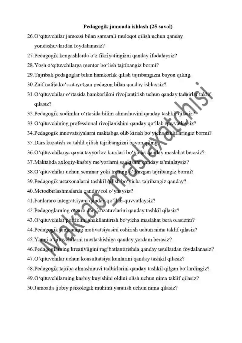 Maktab maslahatchisi savollar 500 ta 2