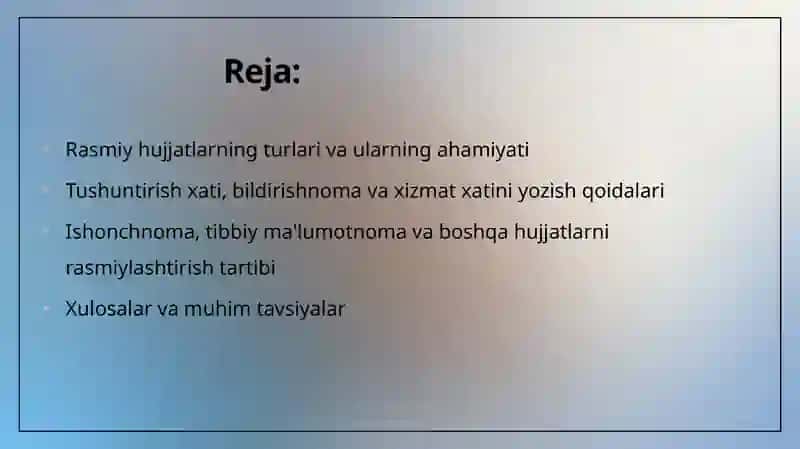 Tushuntirish xati, bildirishnoma va xizmat xatini yozish: Ishonchnoma, tibbiy ma'lumotnoma va boshqa hujjatlarni  rasmiylashtirish 2