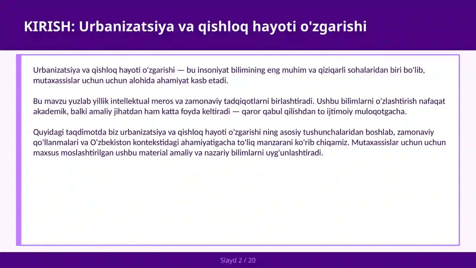 Urbanizatsiya va qishloq hayoti o'zgarishi 2