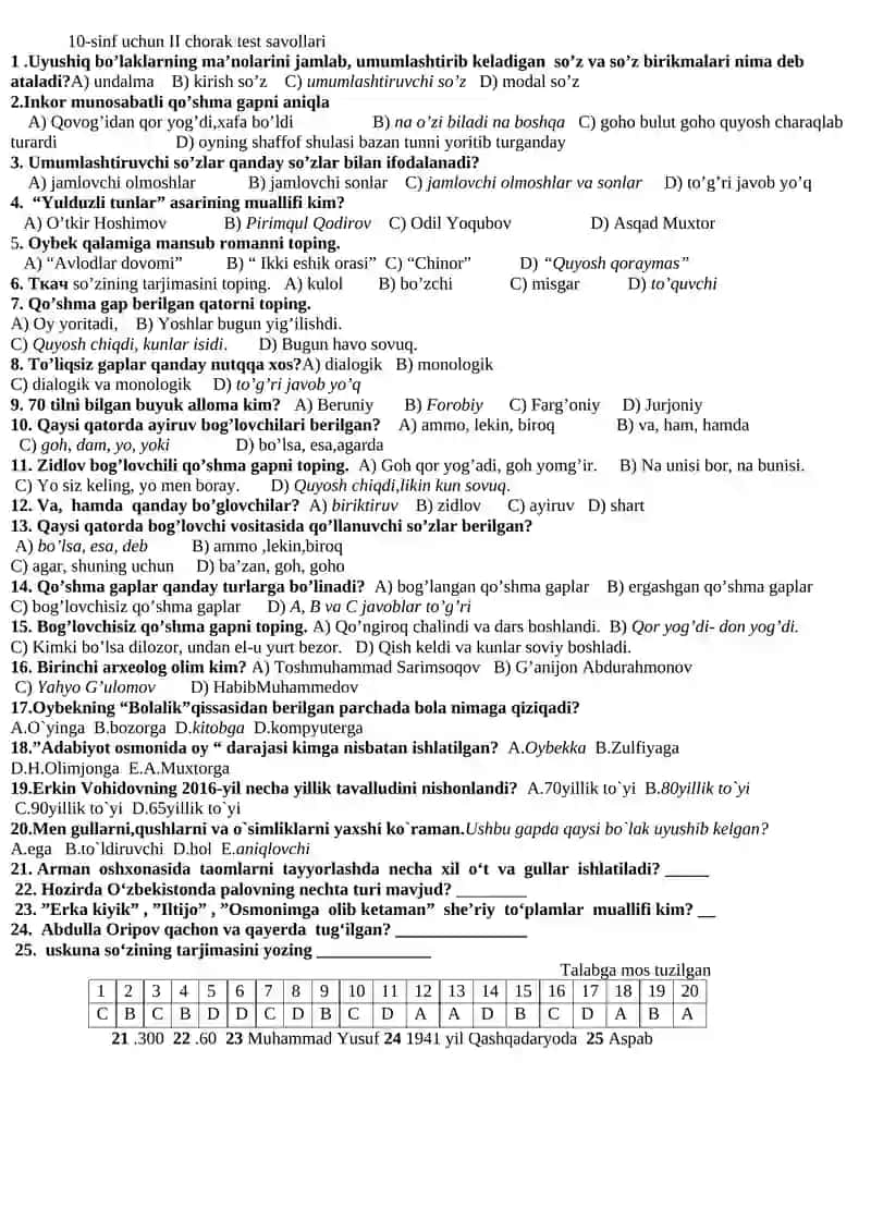 10-sinf o`zbek tili 1-chorak test 2