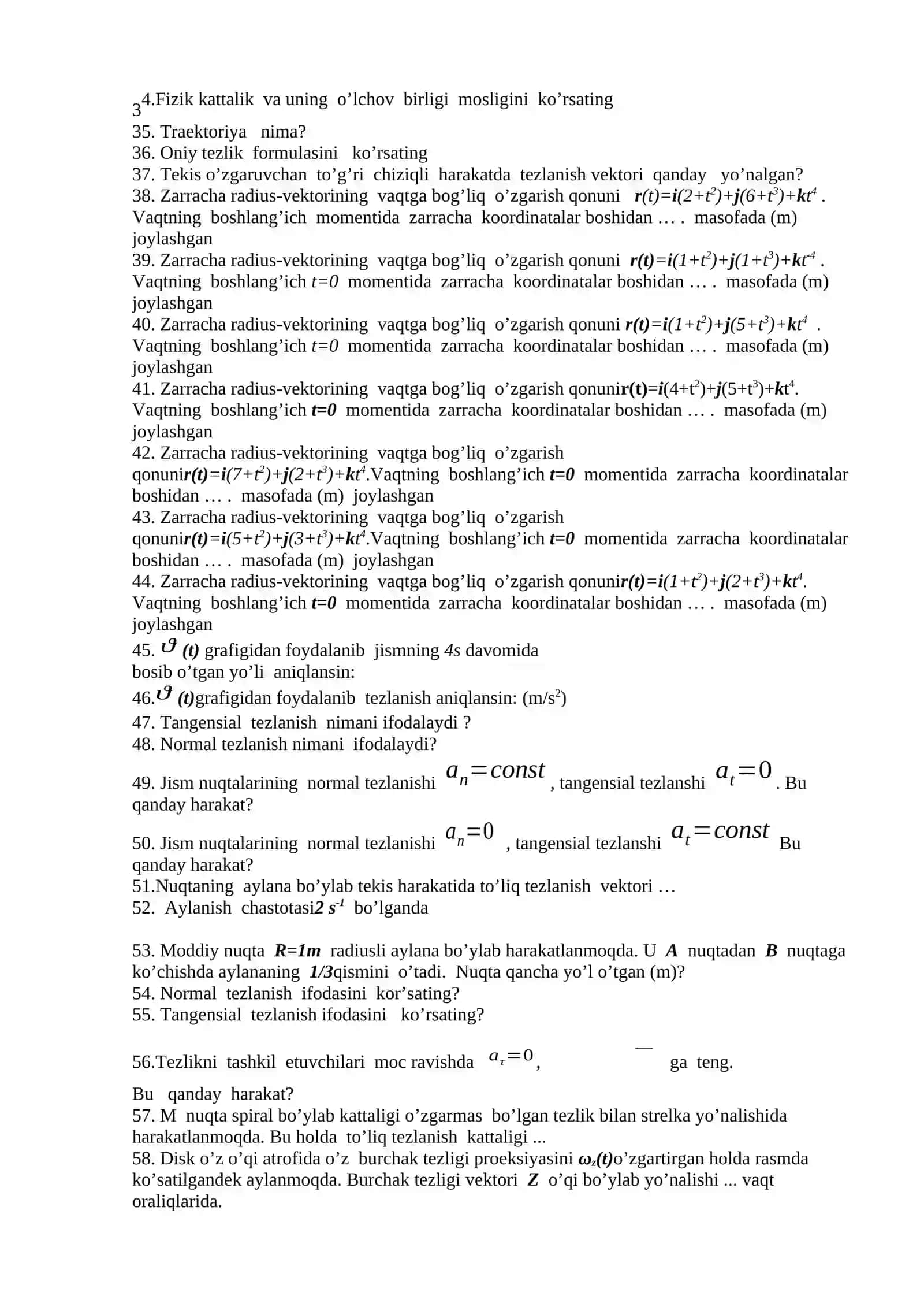 Fizika sinovi bo'yicha test savollari 2