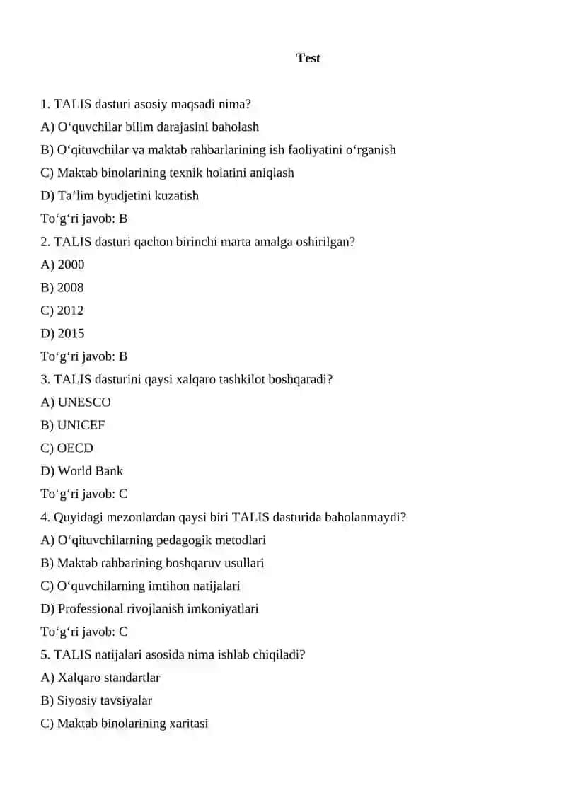 TALIS xalqaro baholash dasturi mazmun va mohiyati. test 2