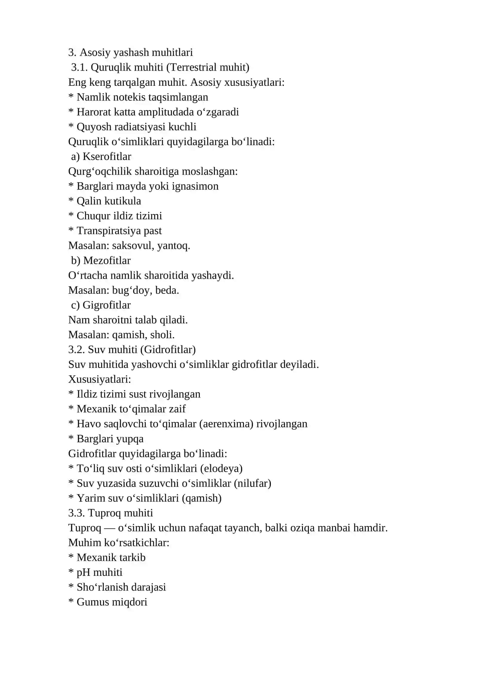 2-MARUZA: O‘SIMLIKLARNING YASHASH MUHITLARI 2