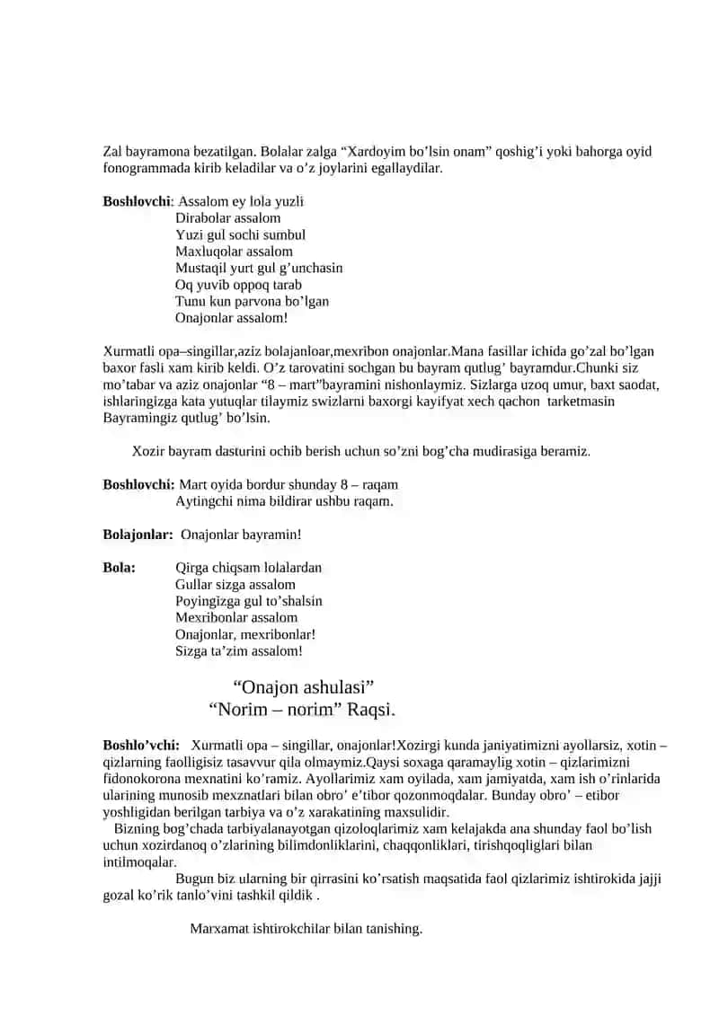 8 – MART Onajonlar bayrami ertaligi SENARIYSI 2