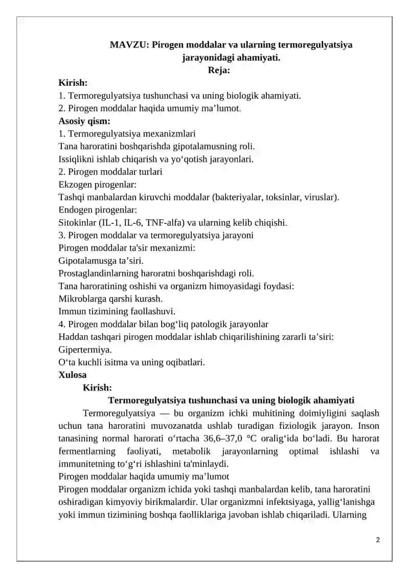 Pirogen moddalar va ularning termoregulyatsiya jarayonidagi ahamiyati 2