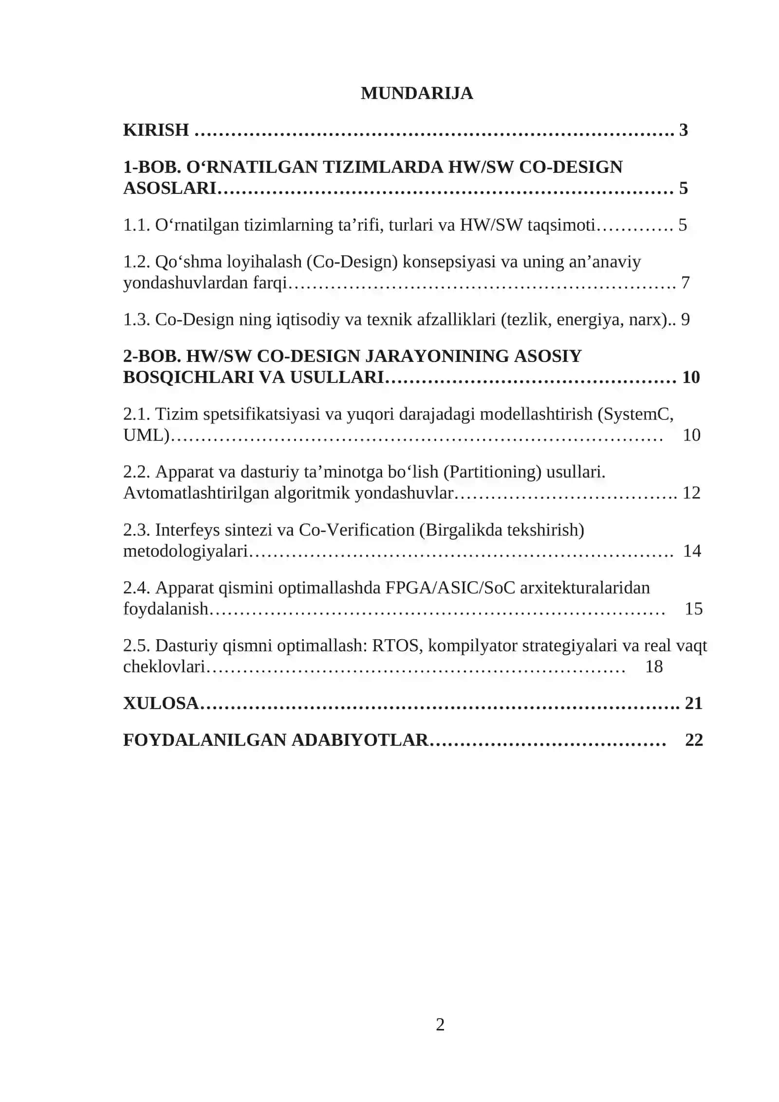 O‘RNATILGAN TIZIMLARDA APPARAT VA DASTURIY TA’MINOTNING QO‘SHMA LOYIHALASH USULLARI (HW/SW CO-DESIGN) KURS ISHI 2