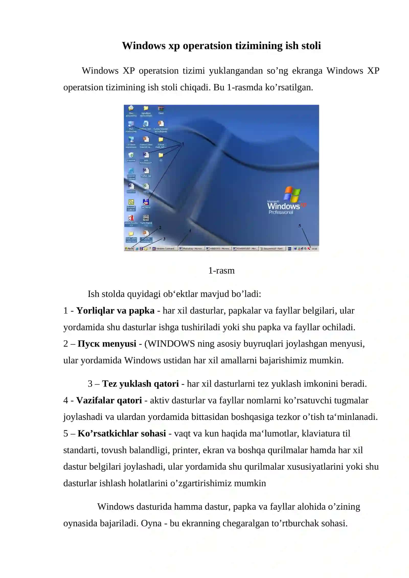 Windows operatsion tizimi ishchi stolining asosiy obyektlari va ularning vazifalari 2