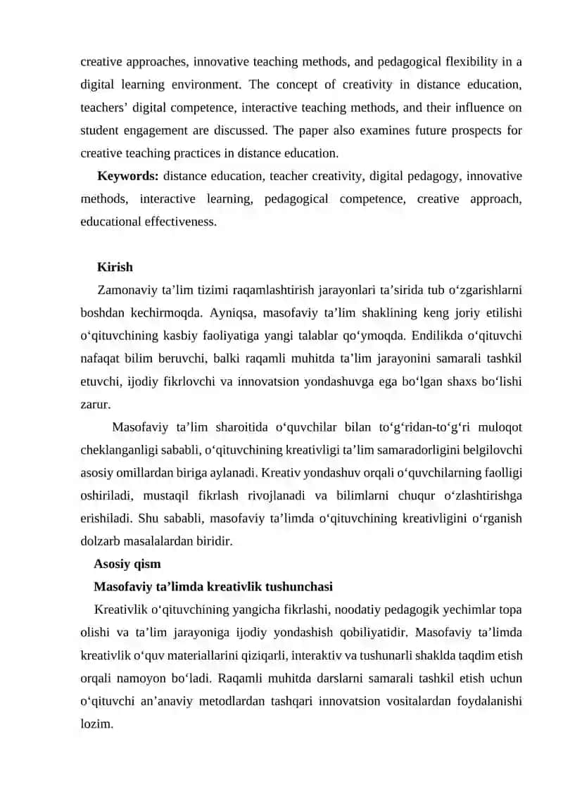 MASOFAVIY TA’LIMDA O‘QITUVCHINING KREATIVLIGI 2