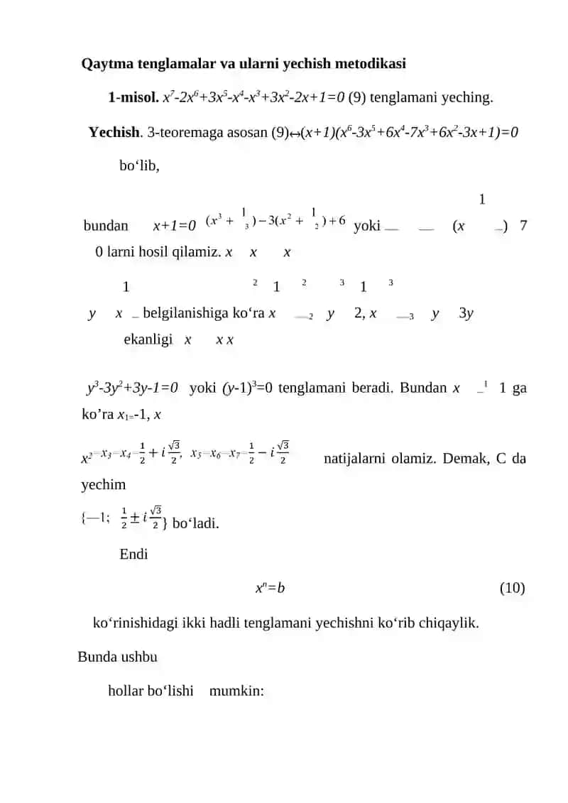 Qaytma va yuqori darajali tenglamalarga misollar yechish 2