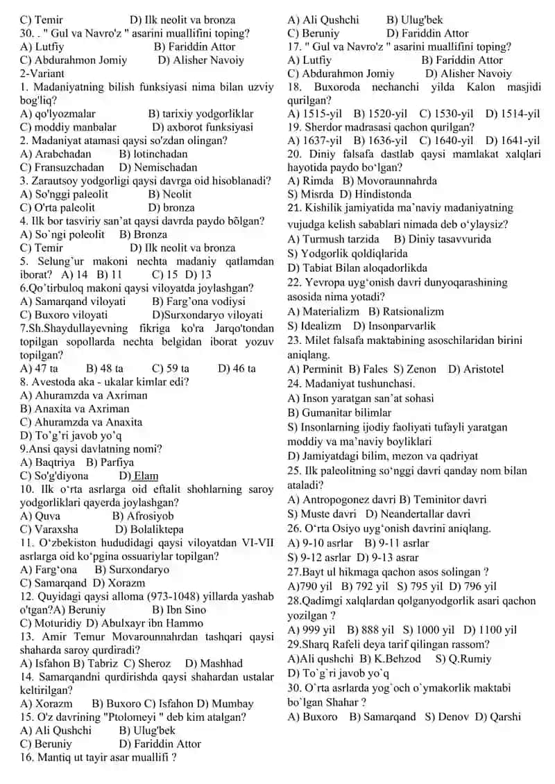 Madaniyat va san`at fanidan test 2