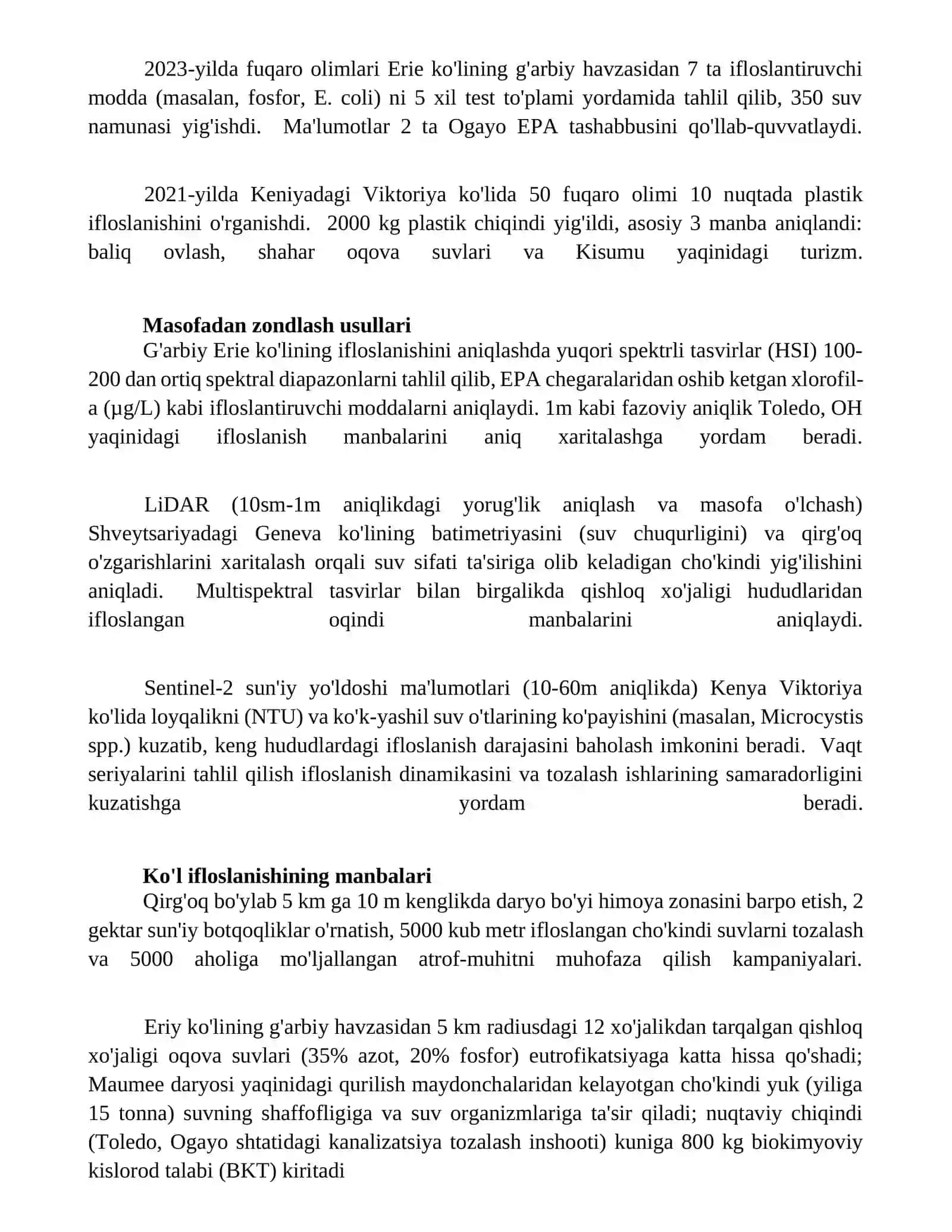 Suv havzalarining ifloslanish darajasini belgilash va uni tozalash usullari 2