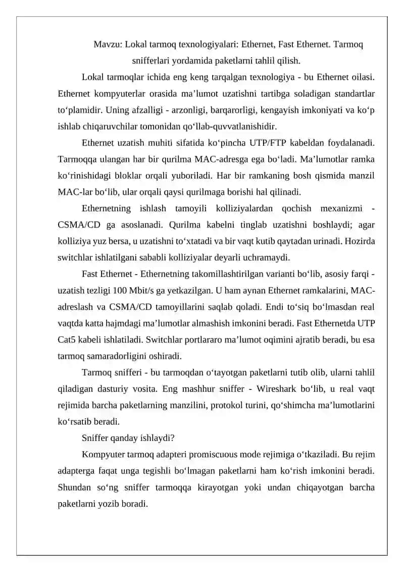 Lokal tarmoq texnologiyalari: Ethernet, Fast Ethernet. Tarmoq snifferlari yordamida paketlarni tahlil qilish 2