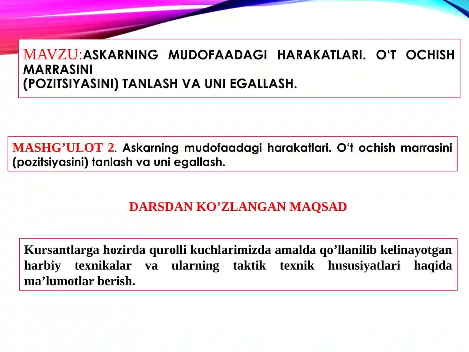 Askarning mudofaadagi harakatlari 2
