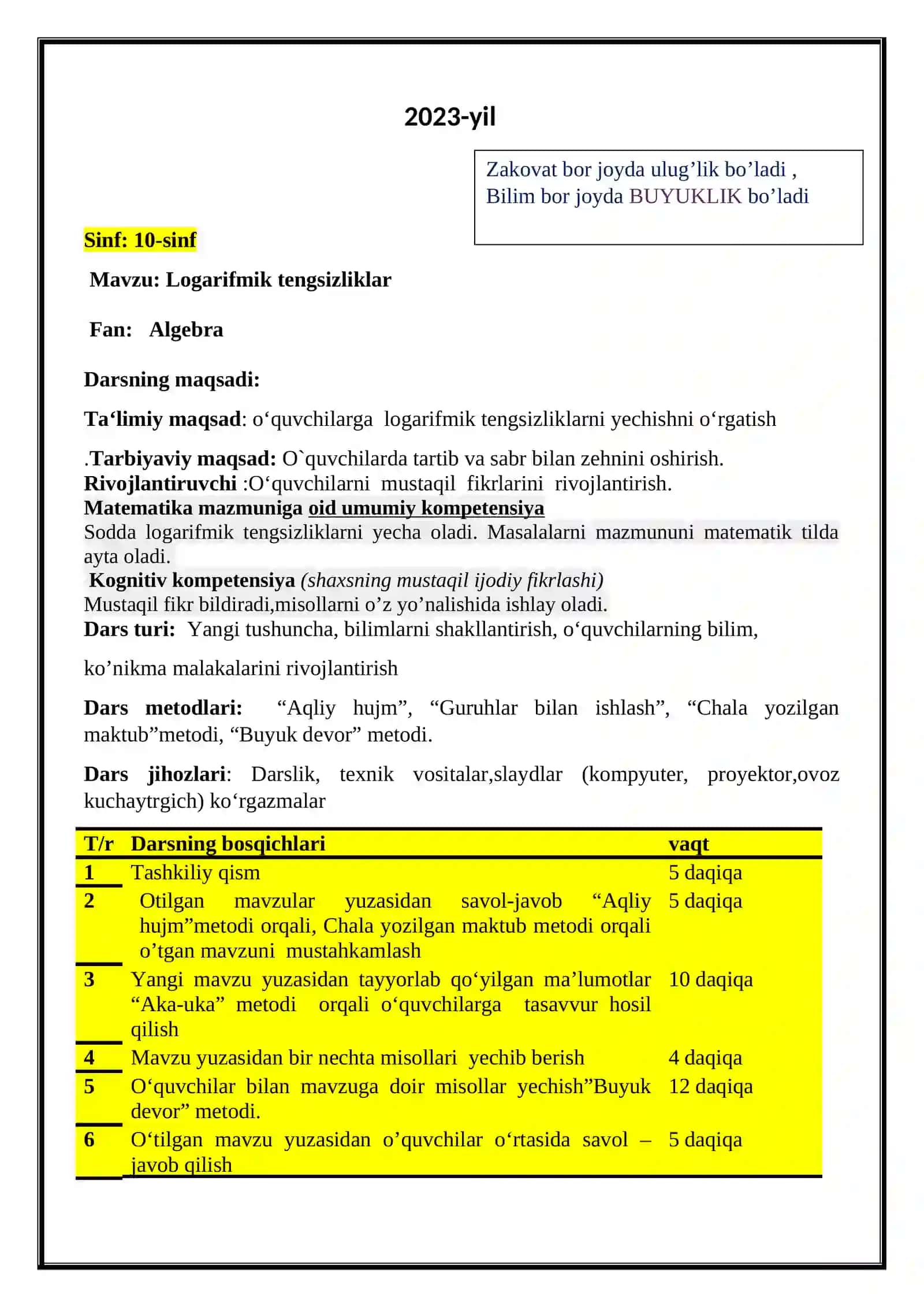 10-sinf Algebra fanidan Logarifmik tengsizliklarni yechishning yangicha usullari dars ishlanma 2