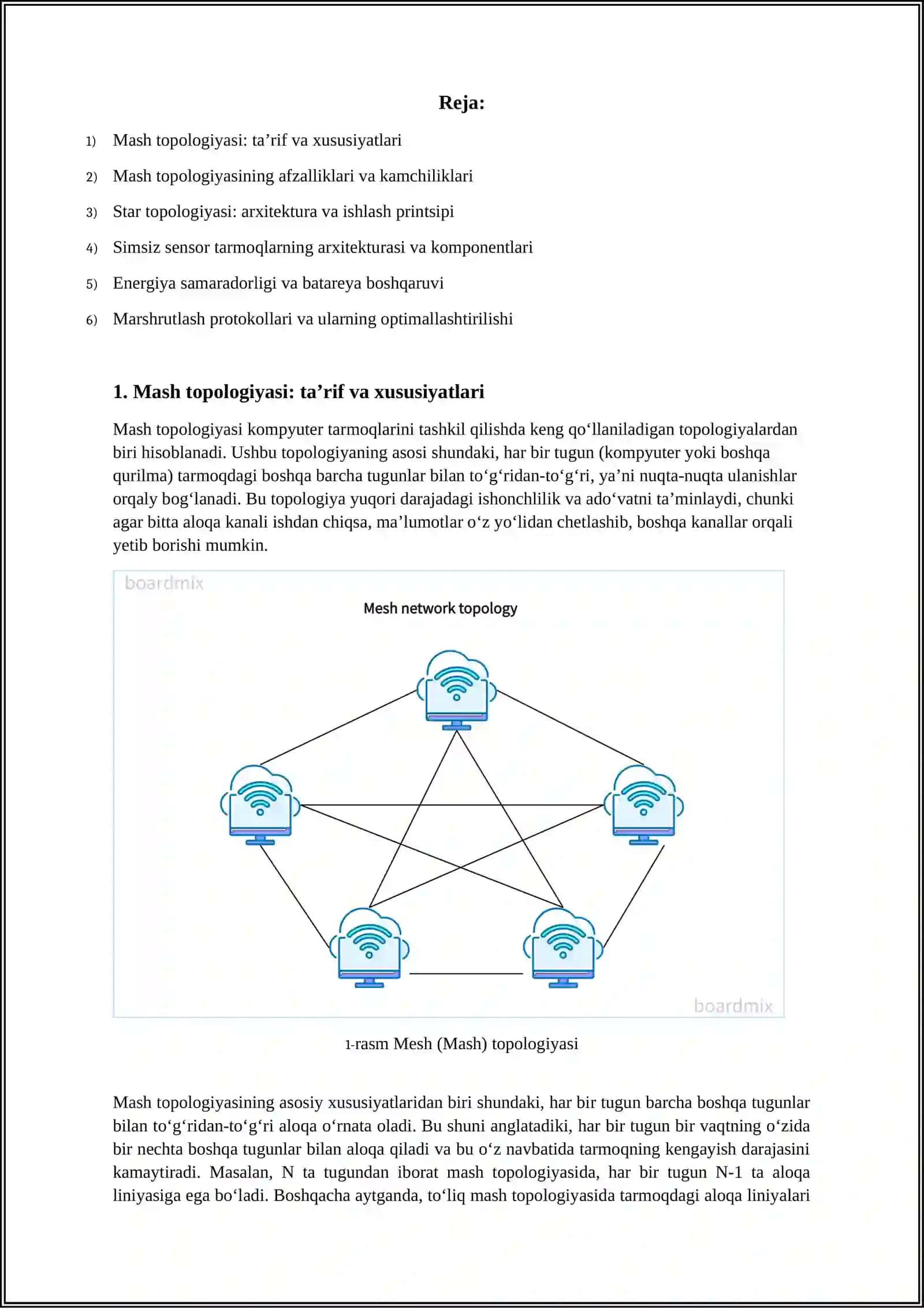 TARMOQ TOPOLOGIYALARI: MASH, STAR, TREE, BUS, RING VA 3-D TORUS 2