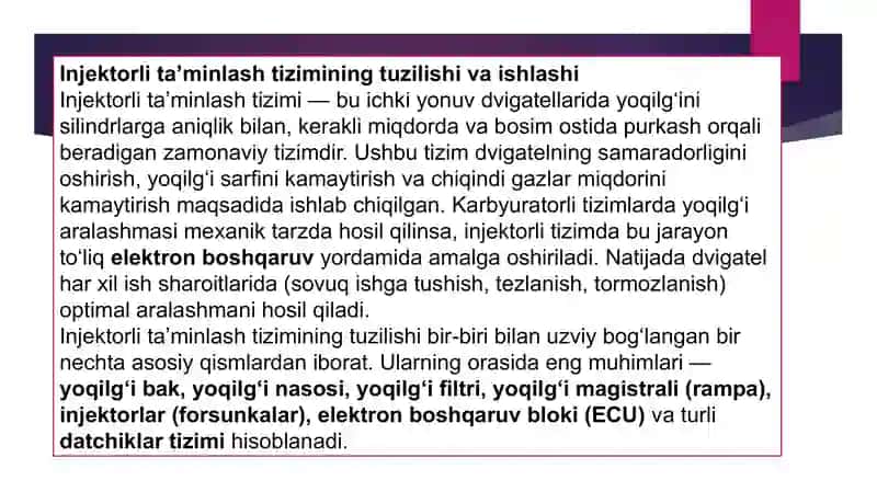 Injektorli ta'minlash tizimining tuzilishi, ishlashi 2