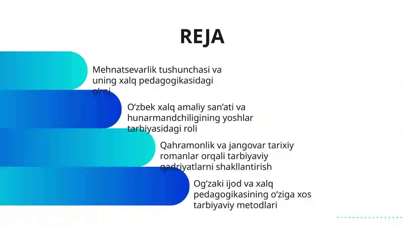 XALQ PEDAGOGIKASI MANBALARIDA MEHNATSEVARLIK TARBIYASI.QAHRAMONLIK JANGAVORLIK, TARIXIY ROMANLARNI O’QISH VA TAHLIL ETISH, O’ZBEKISTON XALQ AMALIY SAN’ATI VA HUNARMANDCHILIGI, XALQ PEDAGOGIKASI VA O’ZBEK XALQ OG’ZAKI IJODI JANRLARINING TARBIYAVIY AHAMIYAT 2