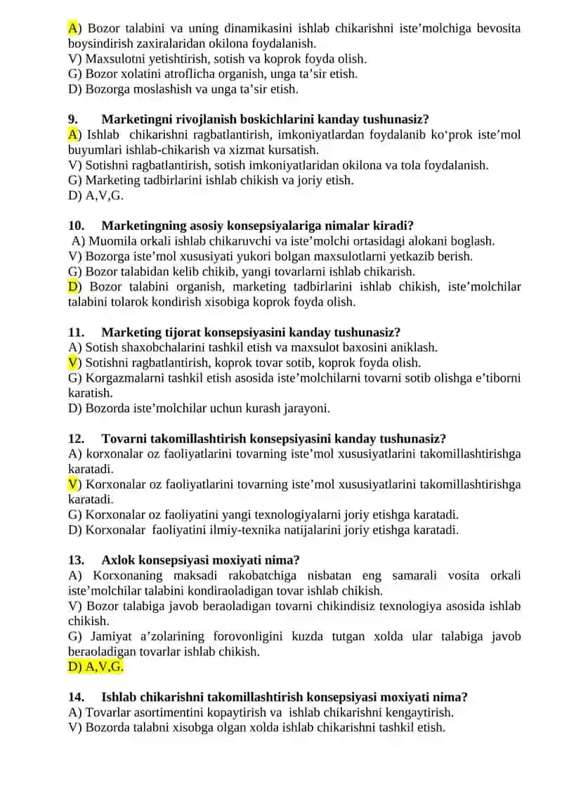 Marketing fanidan test savollari 2