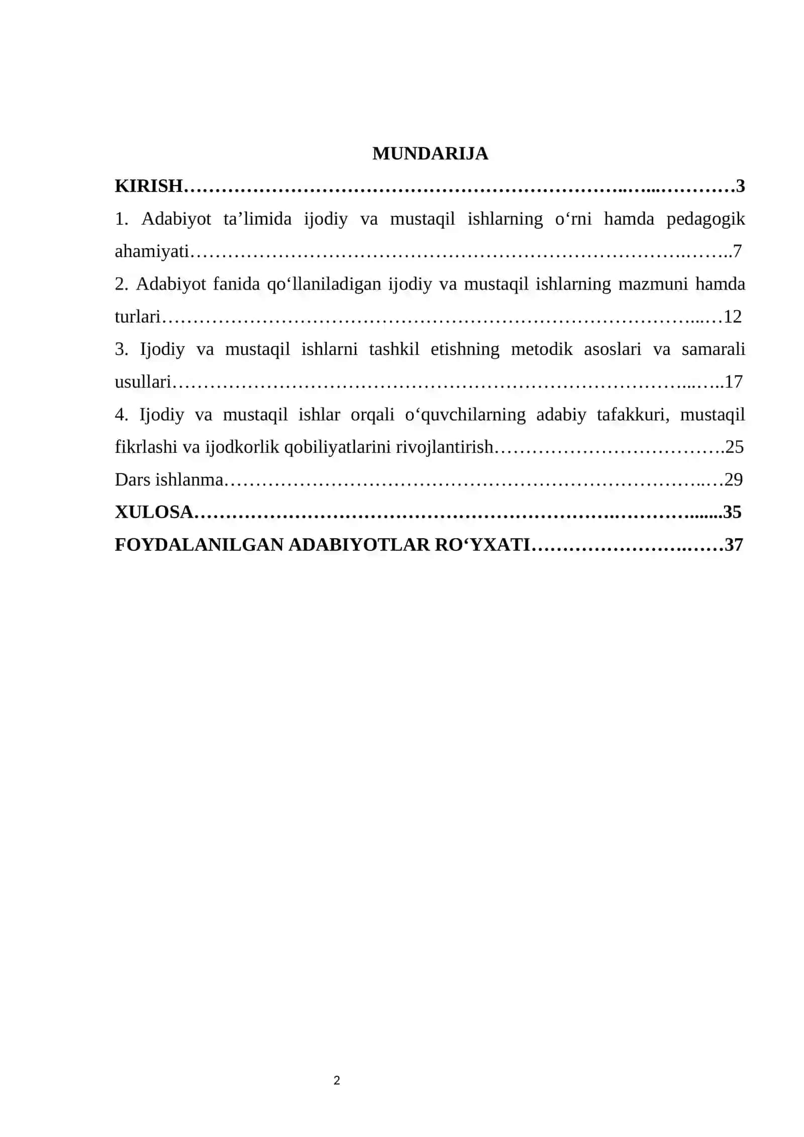 Adabiyotdan ijodiy va mustaqil ishlar, ularning turlari kurs ishi 2